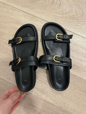 Zara Black Double-Buckle Slide Sandals with Gold Hardware